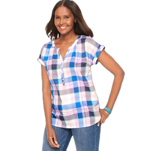 Talbots Plus High Low Split Neck Popover Blouse Pink/Blue Plaid